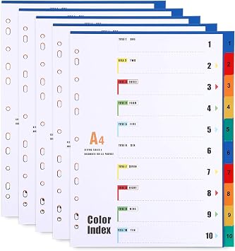 A4 Plastic File Dividers 10 Part Number 1-10 Tabs 5 Pack Multi-Colour Index Tabs A4 Subject Dividers Reinforced 11-Holes for Office Home