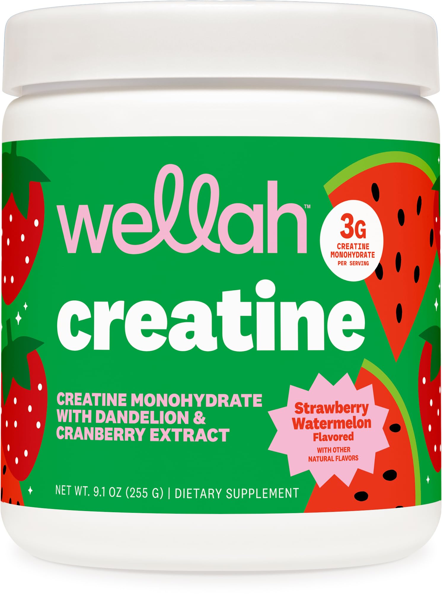 Wellah Creatine for Women (50 Servings) Strawberry Watermelon - 3g of Creatine Monohydrate Powder with Dandelion & Cranberry Extract