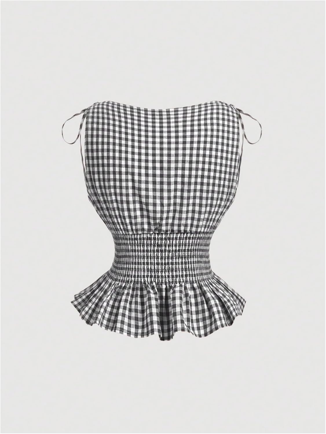 GORGLITTER Women's Gingham Boat Neck Crop Tank Top Bow Cinched Waisted Cute Plaid Checkered Ruffle Smocked Fitted Shirt - Image 2