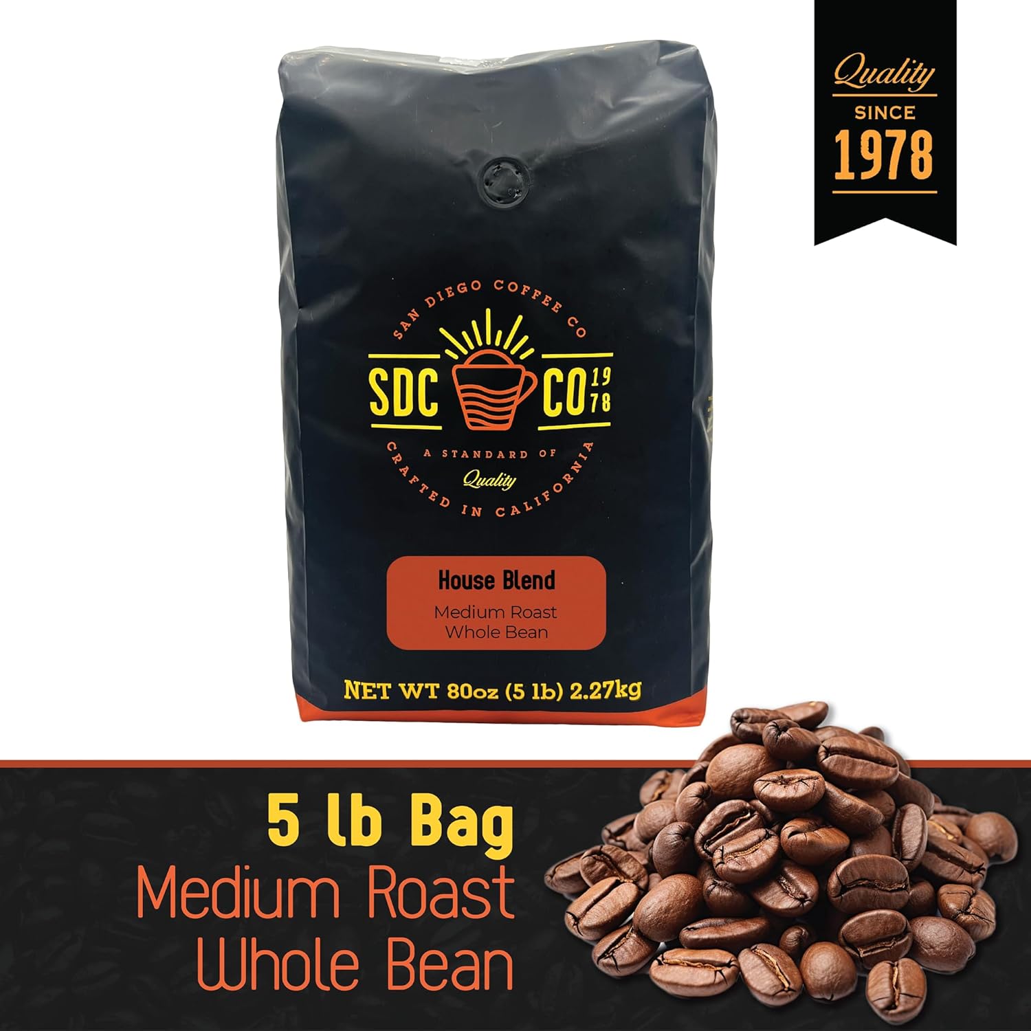 San Diego Coffee House Blend, Medium Roast, Whole Bean Coffee, 5-Pound Bag Café en grano tostado