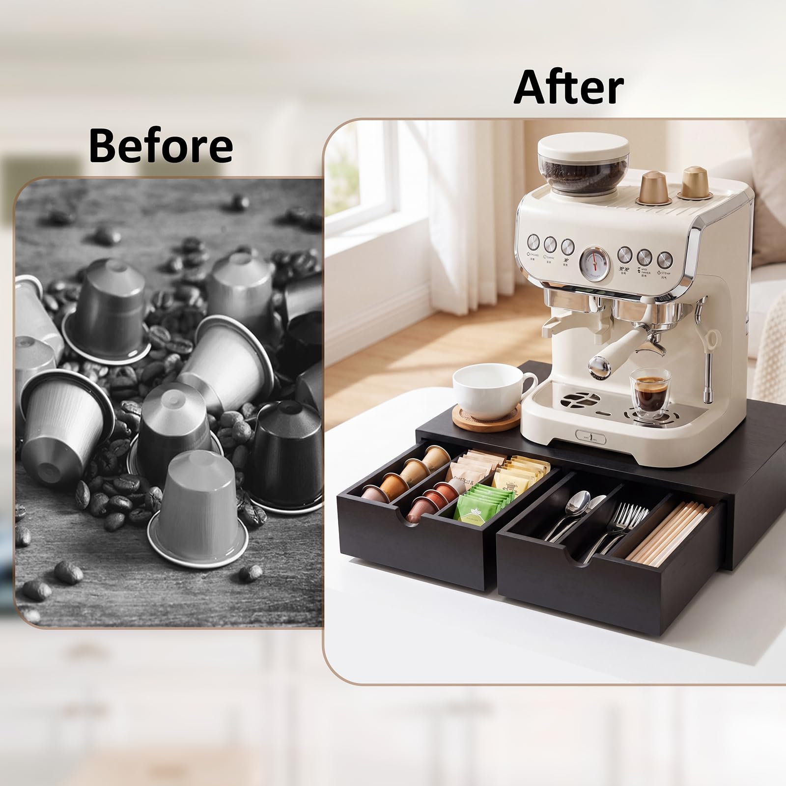 Cassetto porta cialde in legno, organizer per capsule di caffè, organizer per tazze da tè, 30 cialde, stazione da caffè da banco per supporto macchina, nero