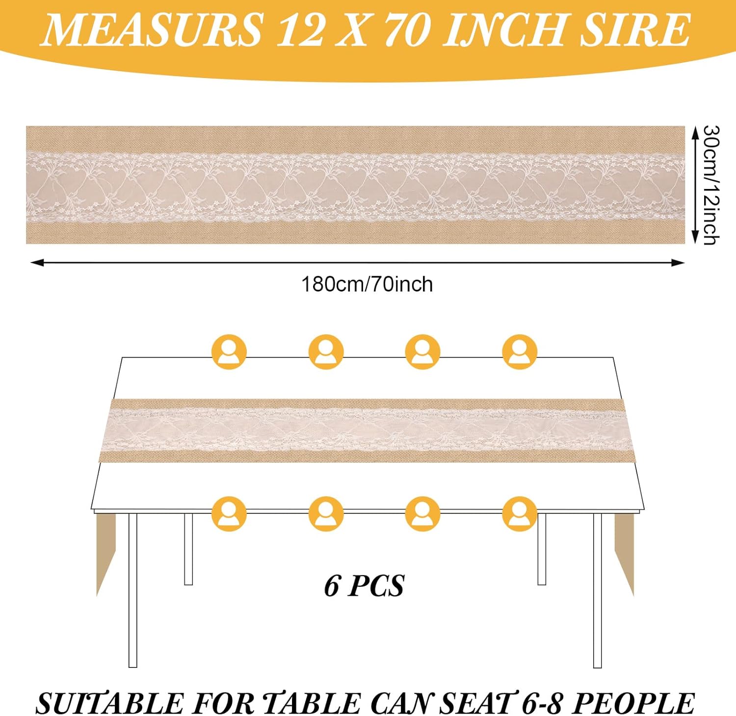 Xinnun 6 Pack Burlap Table Runner with LED String Lights, Modern Rustic Lace Natural Vintage Boho Jute Wedding Table Decor for Farmhouse Thanksgiving Christmas(Farmhouse Rustic Burlap,12x70 Inches)