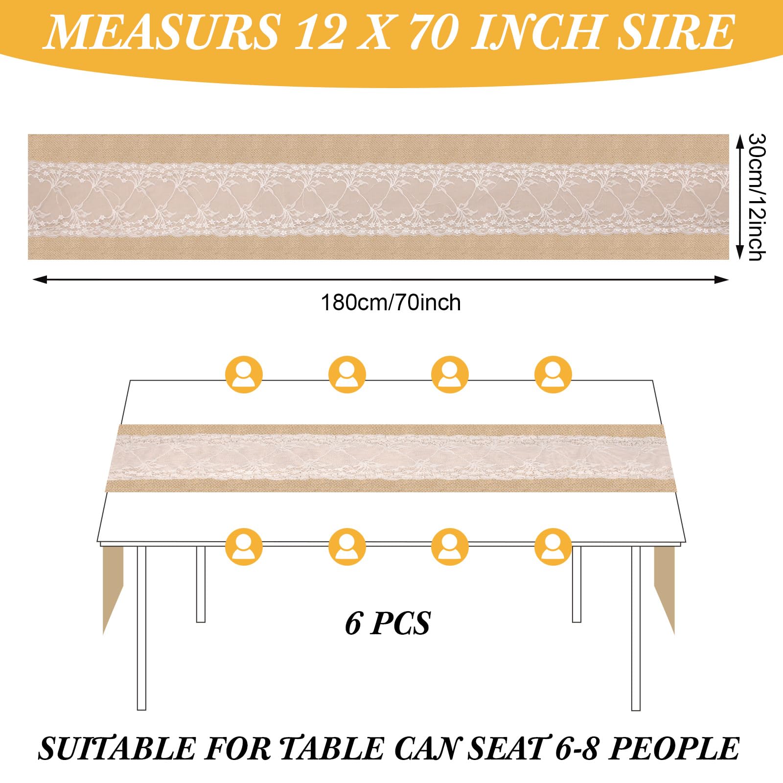 Xinnun Lot de 6 chemins de Table en Toile de Jute avec guirlandes Lumineuses à Del en Dentelle Rustique Naturelle et bohème pour décoration de Mariage de Style Ferme, Thanksgiving (Tendance, 30,5 x