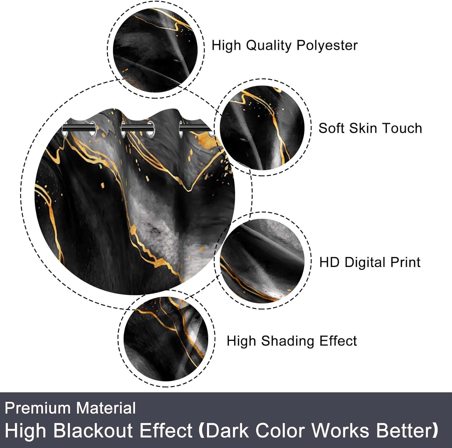 Baocicco Black Gray and Gold Marble Curtains for Bedroom Abstract Design Black Gold and White Marble Drapes for Living Room Luxury Gold Texture Blackout Grommets Window Curtains 2 Panels 31x72 Inch