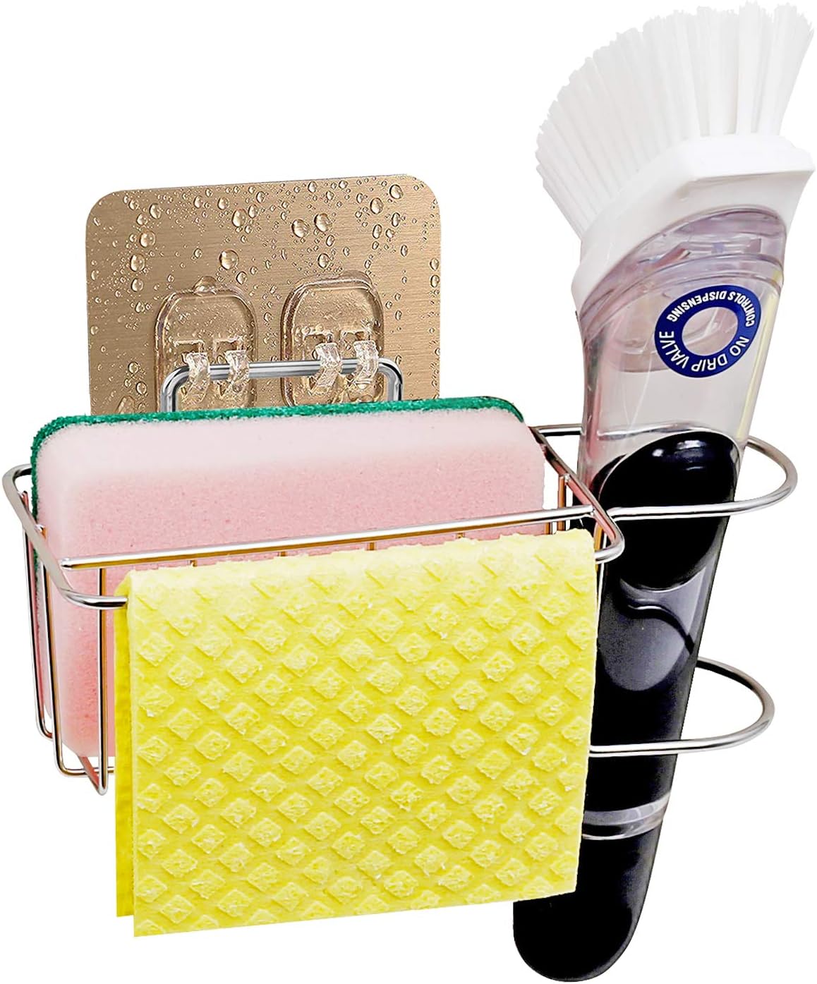 Bogeer 3-in-1 Sponge and Brush Holder for Kitchen Sink Sink Caddy Organizer for Sponge, Brush and Dishcloth Sponge Holder Drainer Rack Sponge Holder, Stainless Steel, Reusable Adhesive