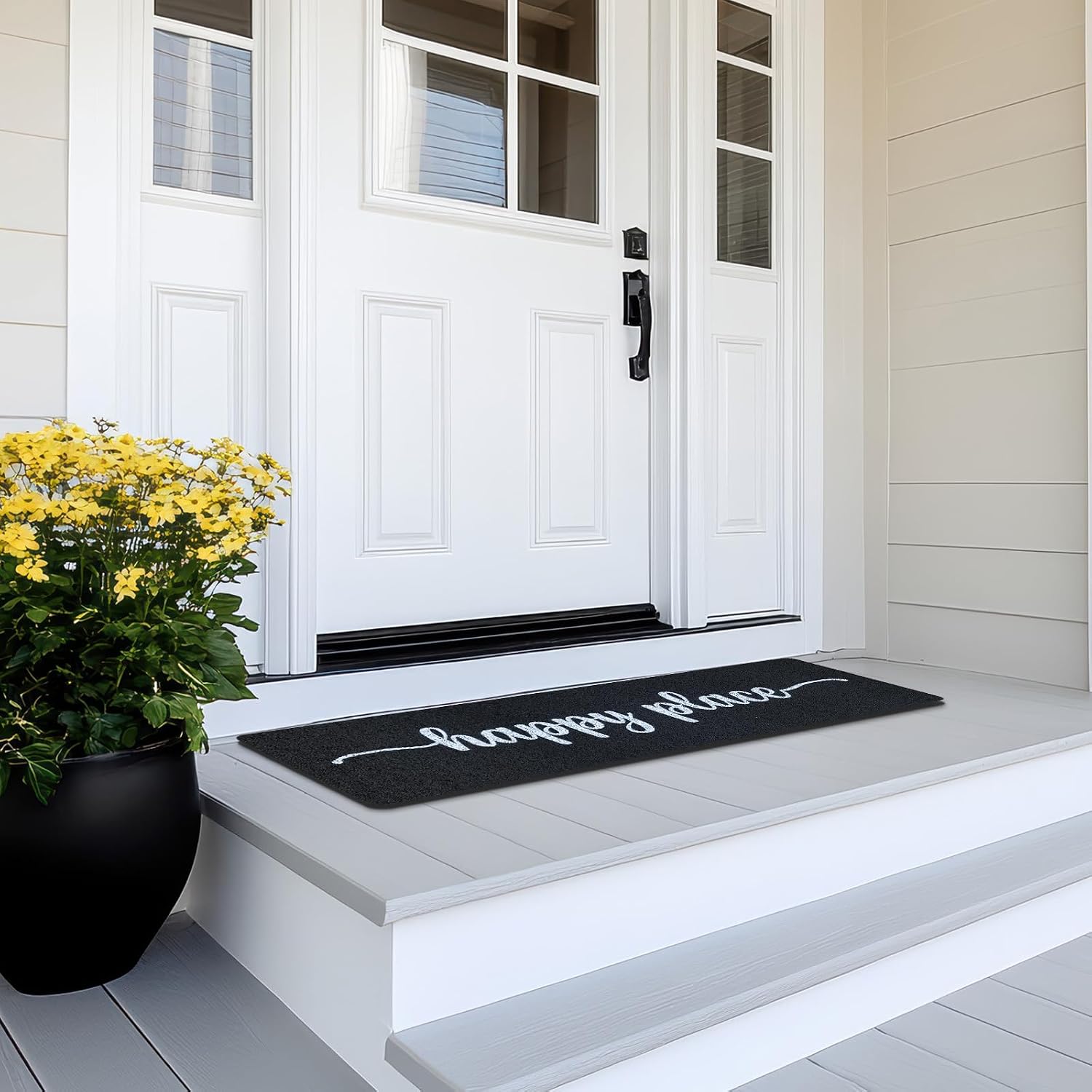 long doormat 48x 16 inch front door mat happy place welcome doormat front door mat welcome floor mat for front door outdoor indoor porch entrance decor black