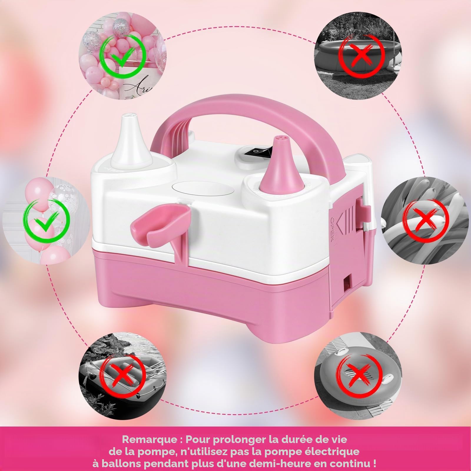HELESIN Pompe à Ballons Électrique, Gonfleur Ballon Portable avec 4 Accessoires, Pompe à Air Electrique avec Gonfleur à Double Buse, Pompe Ballon d'anniversaire, Fête, Décoration de Noël