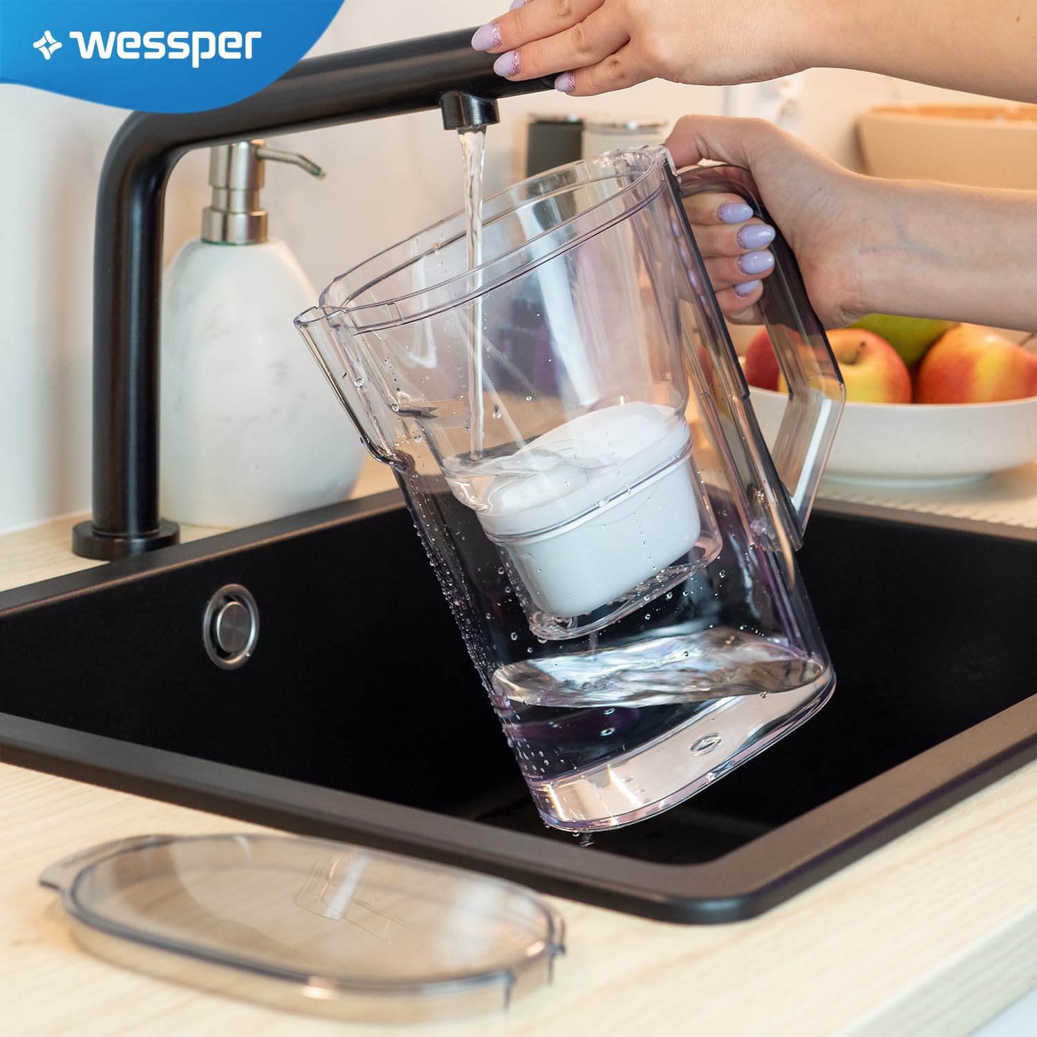 Wessper Dzbanek Filtrujący 2.7L | Zamiennik dla filtra Dafi Unimax Aquaphor A5 BRITA Maxtra+ PHILIPS AWP212/10 | Filtr do Wody Redukujący Kamień i Chlor | Dzbanek Filtrujący + 1x Wkład – Czarny