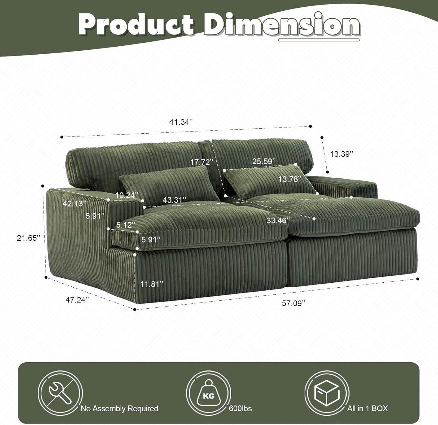 Double Chaise Lounge Chair Indoor, Oversized Upholstered Sleeper Cloud Couch, Deep Seat Luxury Sofa Bed, Sectional Sofa Chaise Loveseat, Corduroy Reading Chair (Green, 2 Seat Loveseat Chaise)