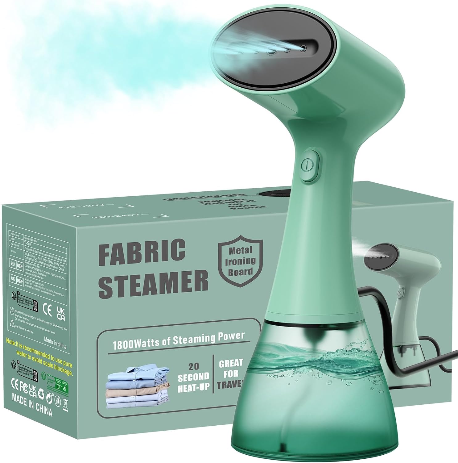 Product image of Steamer Dampfglätter Reise, 1800W 30G/min dampfbügeleisen, Steam Iron 400ML Tragbarer Reisebügeleisen 20S Schnelles Aufheizen, Handdampfer Dampfbürste für Kleidung, T202, Grüner