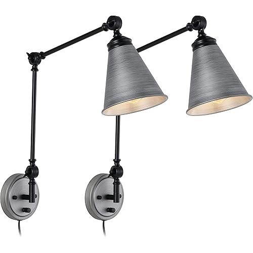 WINGBO Swing Arm Wall Lamp Set of 2, Modern Adjustable Wall Mounted Sconce, Gunmetal and Black Plug-in Swing Arm Wall Lamp