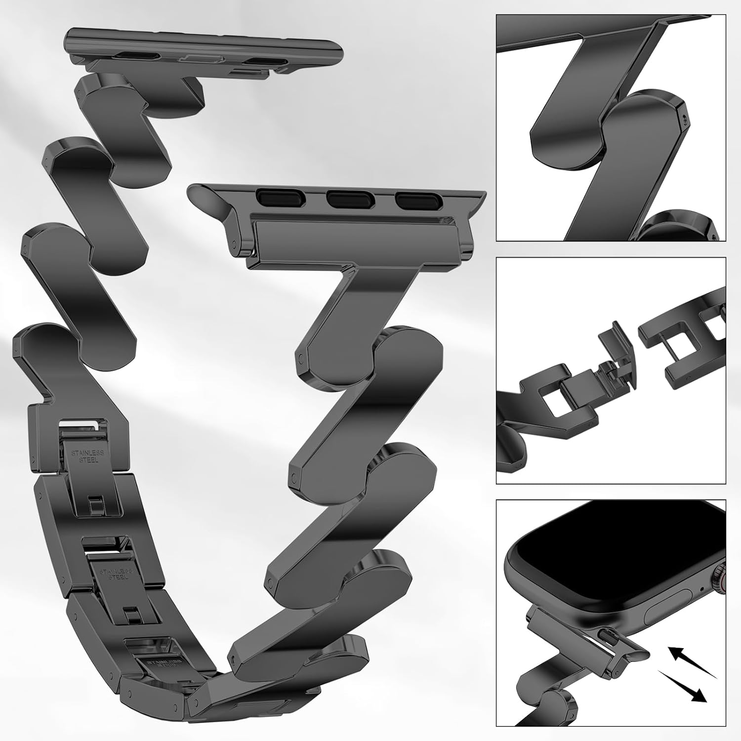 Slim Stainless Steel Band Compatible with Apple Watch 49mm 46mm 45mm 44mm 42mm 40mm 38mm, Tool-Free Adjustable Wave Metal Strap Lightweight Dressy Bracelet for iWatch Ultra SE Series 11 10-1