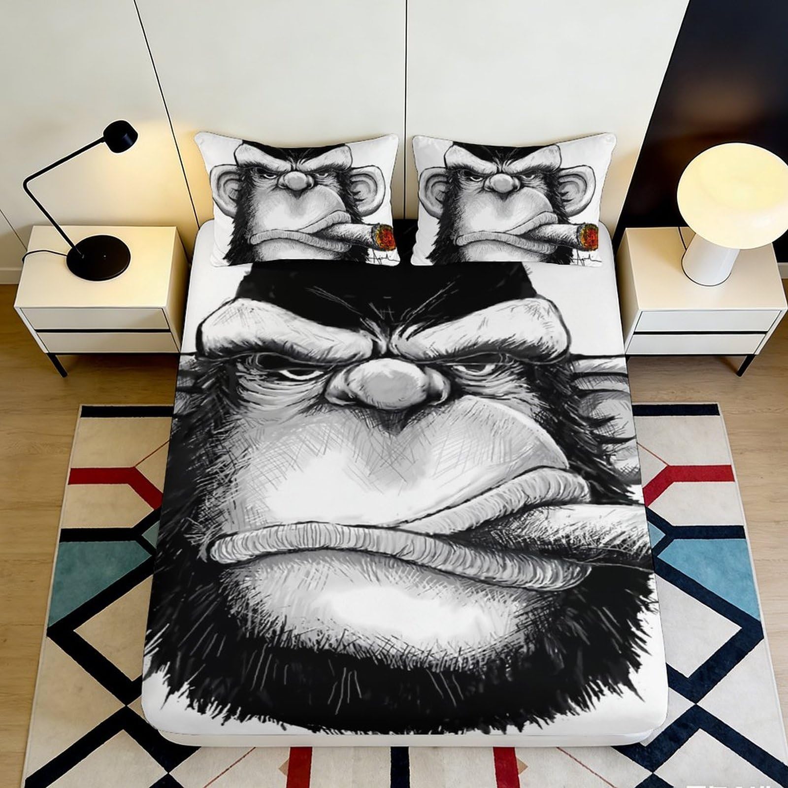 3D Printed Gorilla Face Fitted Sheet Microfiber Anti-Slip Artistic Black White Bed Cover for Bedroom Guest Room Decor 90x200x25cm