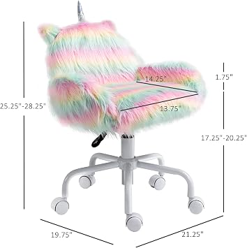 HOMCOM Fluffy Unicorn Office Chair, Mid-Back Support, Rainbow | with Armrest Support, 5 Star Swivel Wheel, White Base