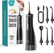 COSLUS Cordless Dental Irrigator 2025 Upgraded Electric Teeth Cleaner: 10 Levels of Soft Control 300ML Rechargeable Portable Dental Irrigator Waterproof Oral Irrigator (Black)