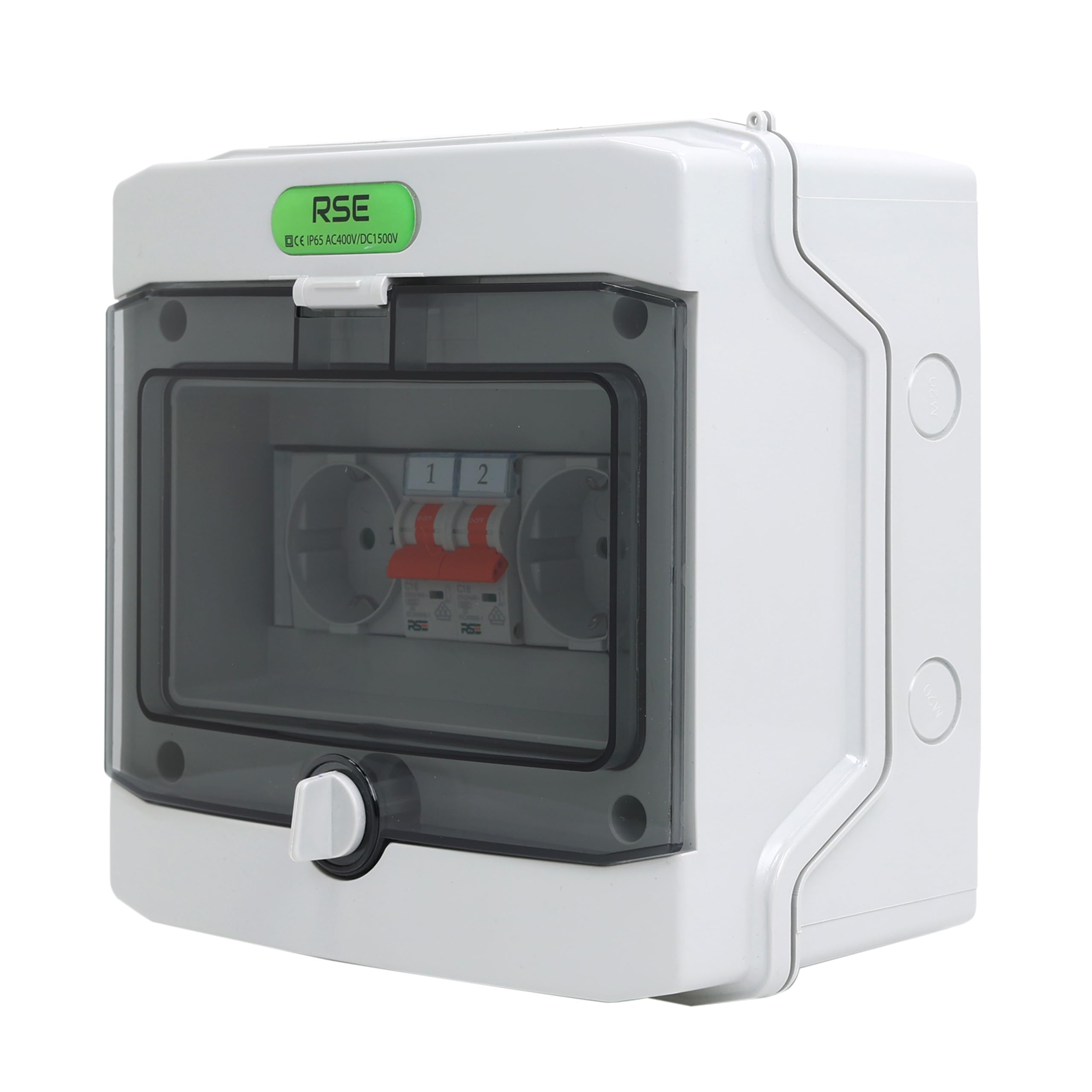 RSE DualPowerBox IP65 – 2 x TH35 gniazda Schuko, każde z oddzielnym wyłącznikiem C16, odporne na warunki atmosferyczne (IP65 przy zamkniętym oknie), 230 V do użytku na zewnątrz i na placu budowy