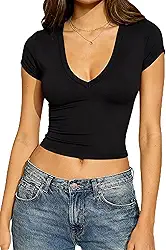 Camiseta feminina elástica com gola V - Camiseta de corrida para ioga - manga curta leve