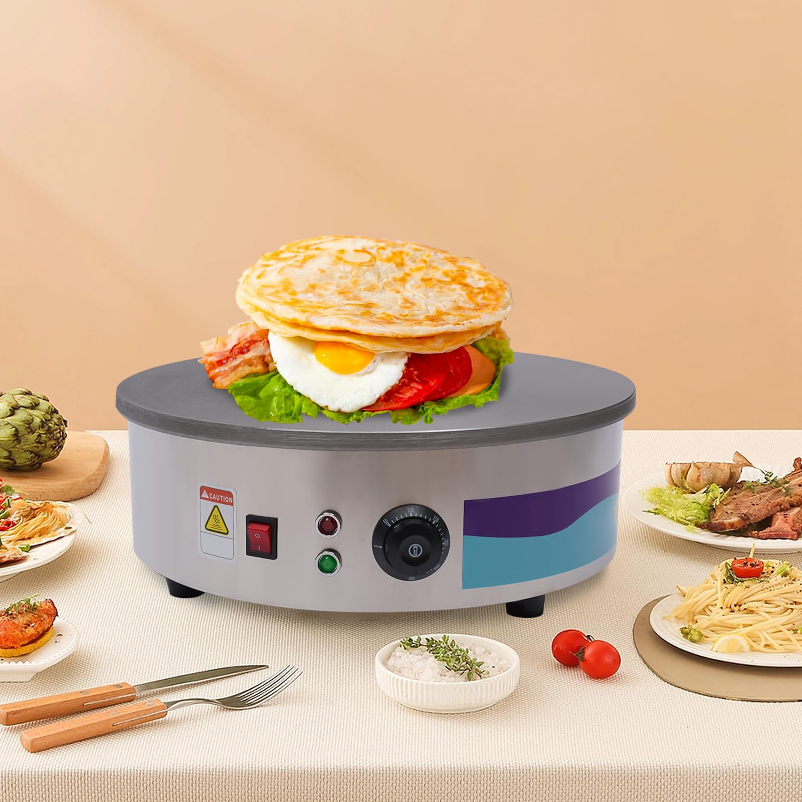 Crêpière électrique à crêpes en acier inoxydable 2800 W 45 cm 220 V professionnel commercial pour crêpes, plaque en acier inoxydable, spatule, distributeur, crêpes, omelettes