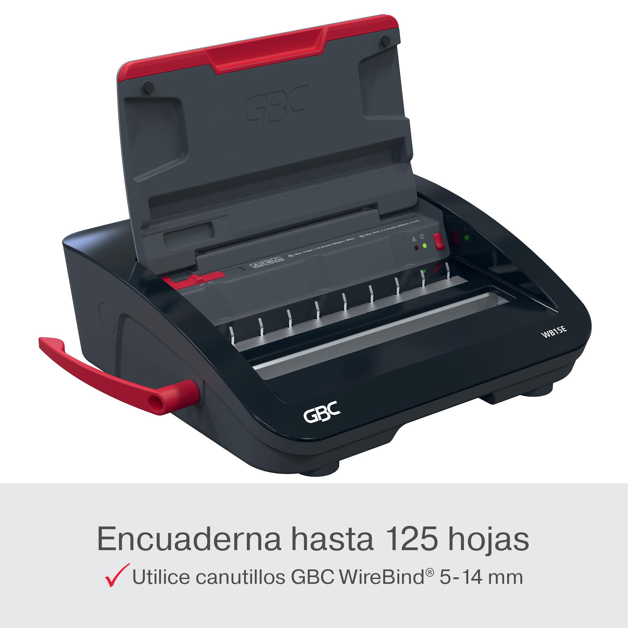 GBC 4410066 - Encuadernadora Eléctrica WireBind WB15E, Encuaderna 125 Hojas A5/A4, Perforadora Eléctrica con LED Antiatasco, Perfora 15 Hojas, Negro/Plata