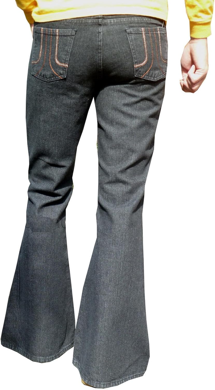 Mens Bell Bottoms Flares Stone Washed Black Denim Jeans Pants (32" Waist x 32" Regular Leg)