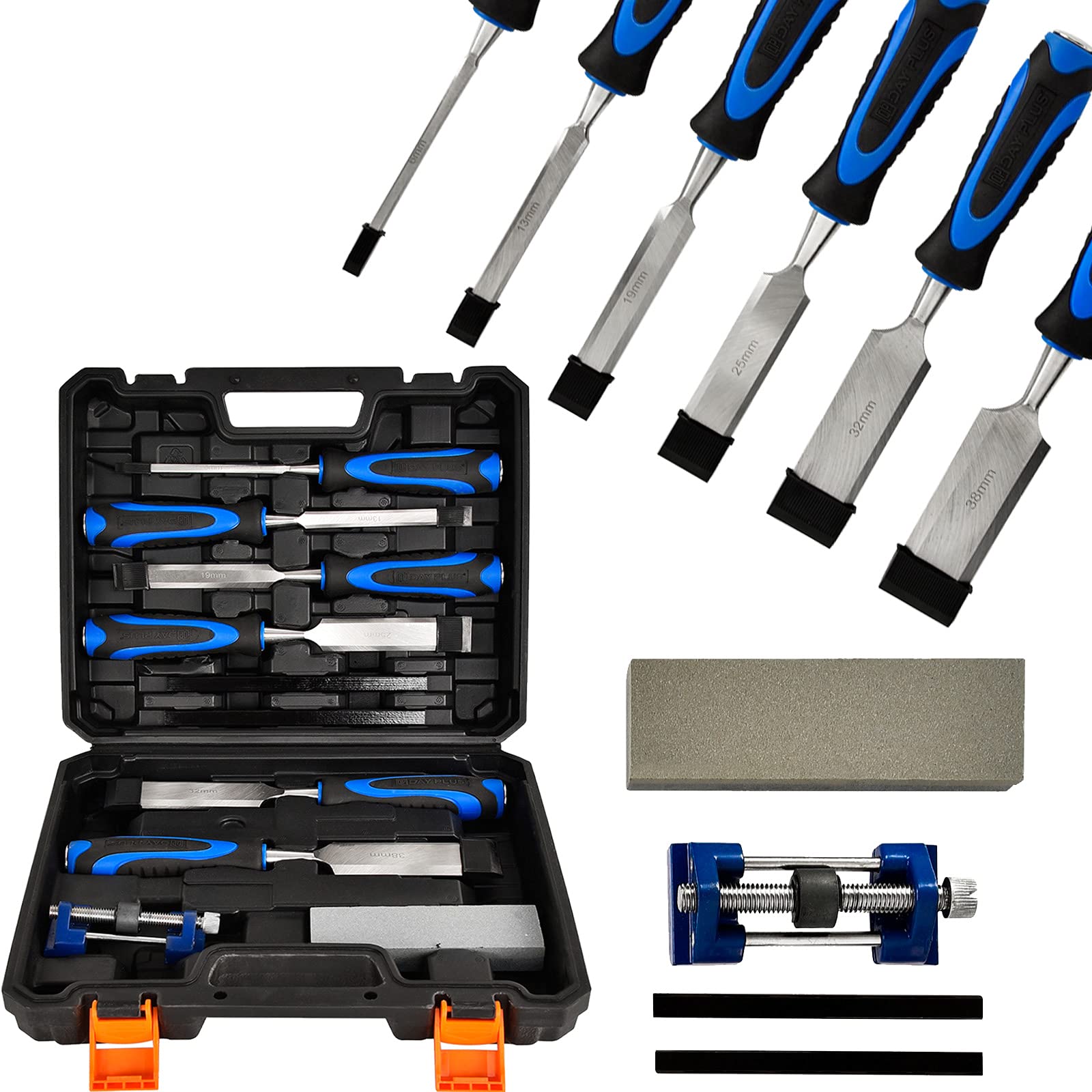 10-Piece Cr-V Steel Wood Chisels Set with Non-Slip Handle, Chisel(6/13/20/25/32/38mm) for Wood Carving DIY Woodworking, with Woodworking Pencil, Honing Guide, Sharpening Stone, Storage Case