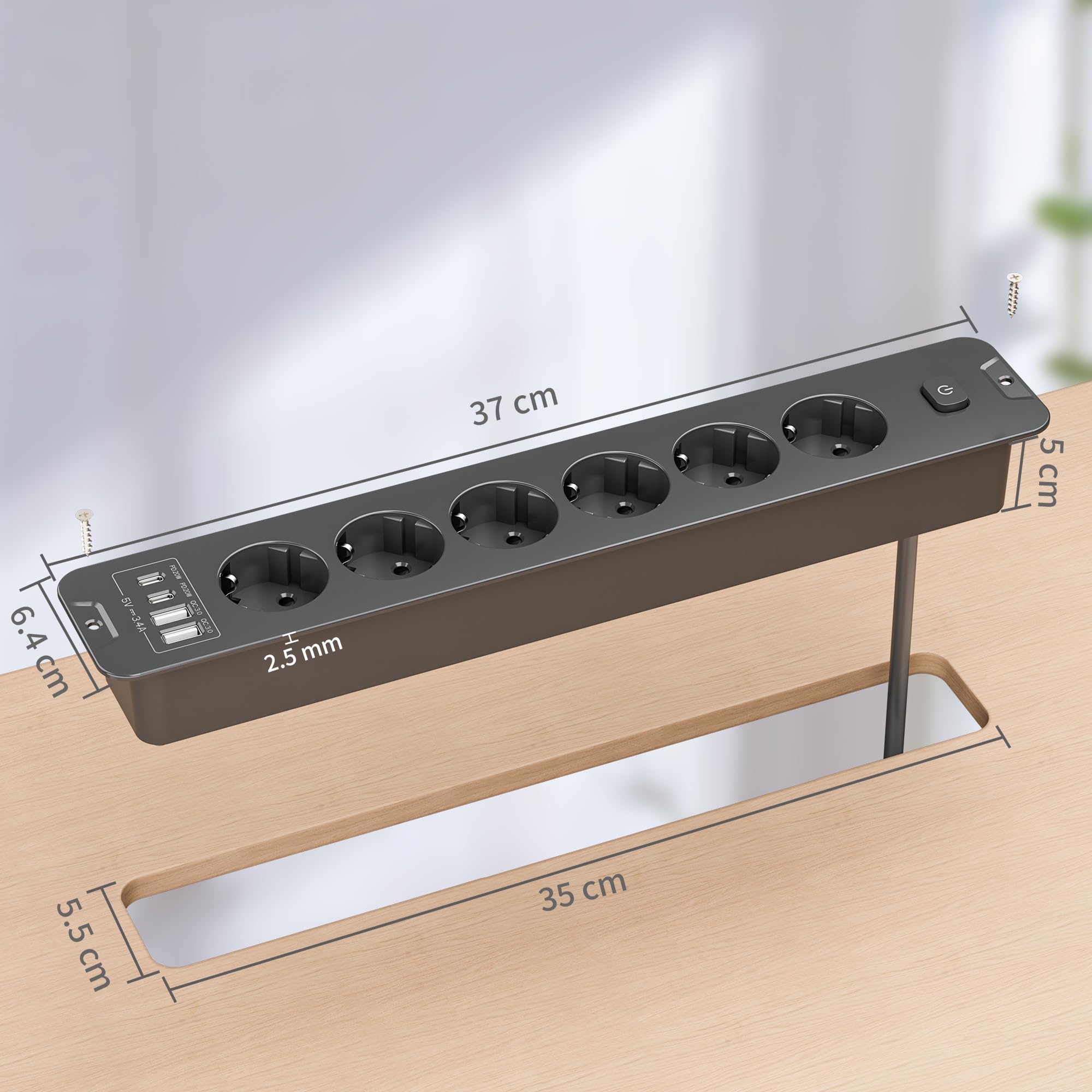 Enchufe empotrado con USB, enchufe de mesa retráctil con 6 enchufes, 4 USB (2 USB C PD 20 W), regleta para escritorio, armario, hogar y oficina (negro)
