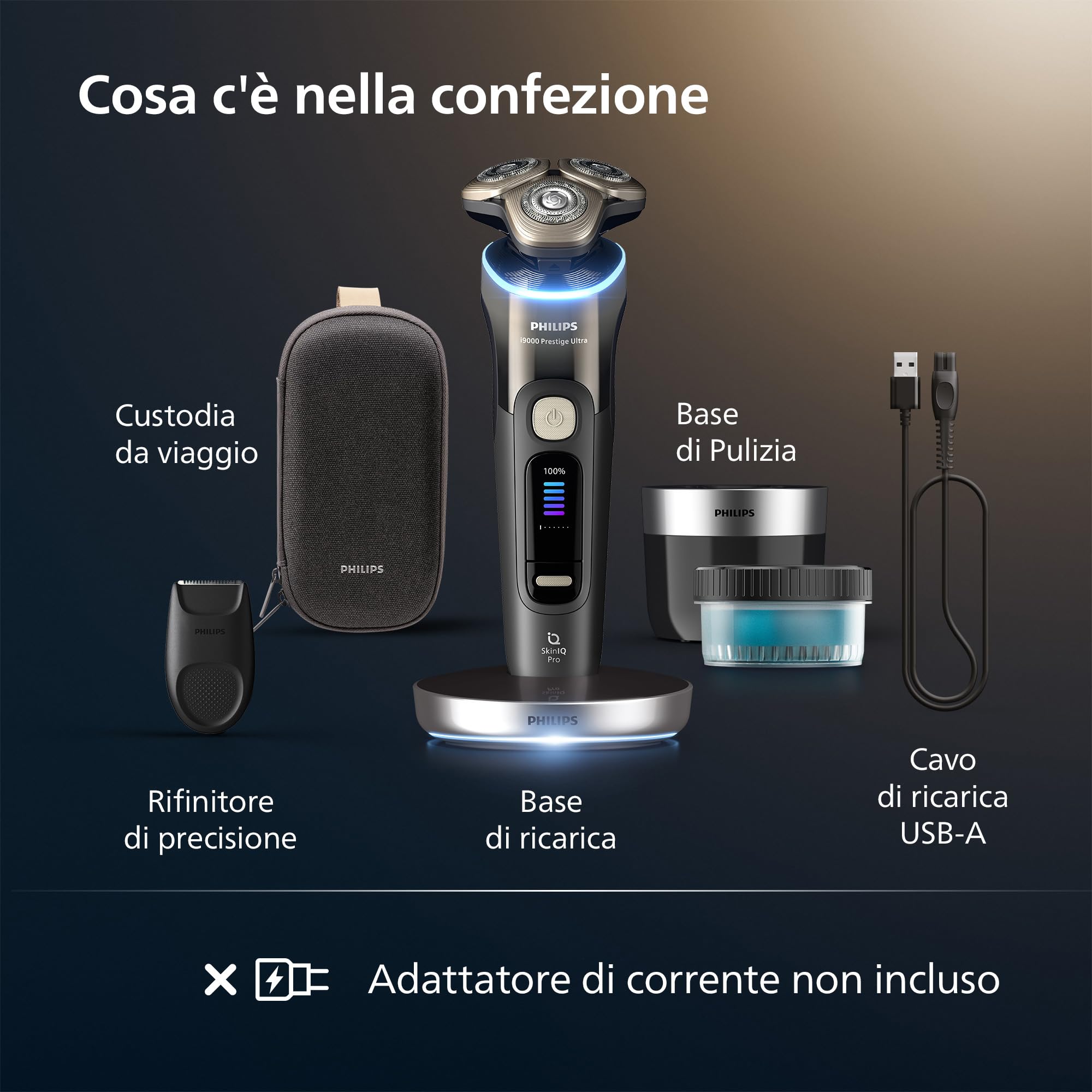 Philips Shaver i9000 Prestige Ultra, rasoio elettrico Wet & Dry, tecnologia Skin IQ Pro, triplo sistema Lift & Cut, lame di precisione NanoTech 360º, 5 modalità di rasatura, modello XP9405/31
