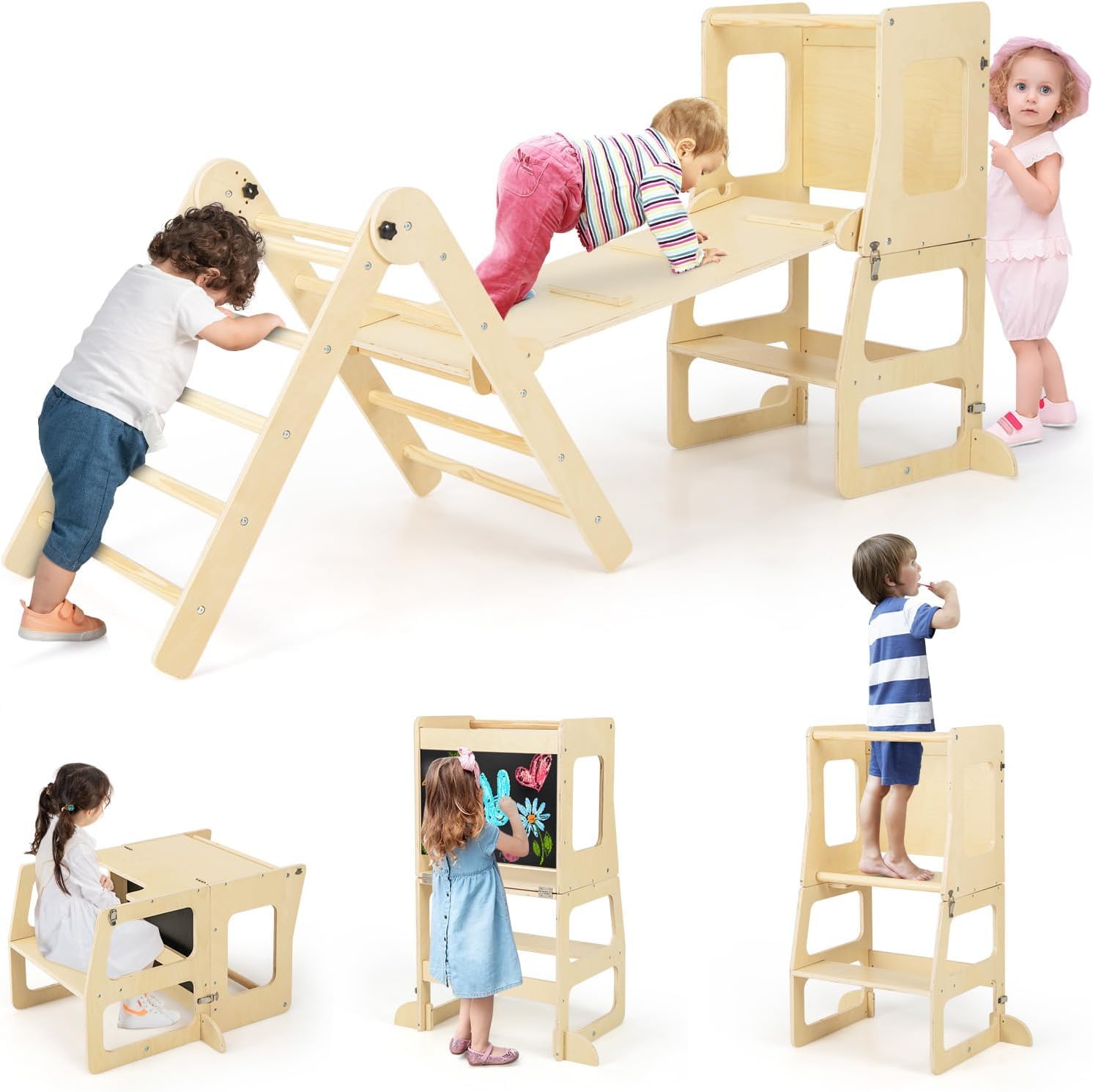 GOPLUS 7 en 1 Triángulo de Escalada Montessori para Niños de 3-14 Años+, Juego de Escalada Plegable con Rampa de Doble Cara, Torre de Apendizaje y Pizarra, Ayudante para Cocina, Mesa y Silla