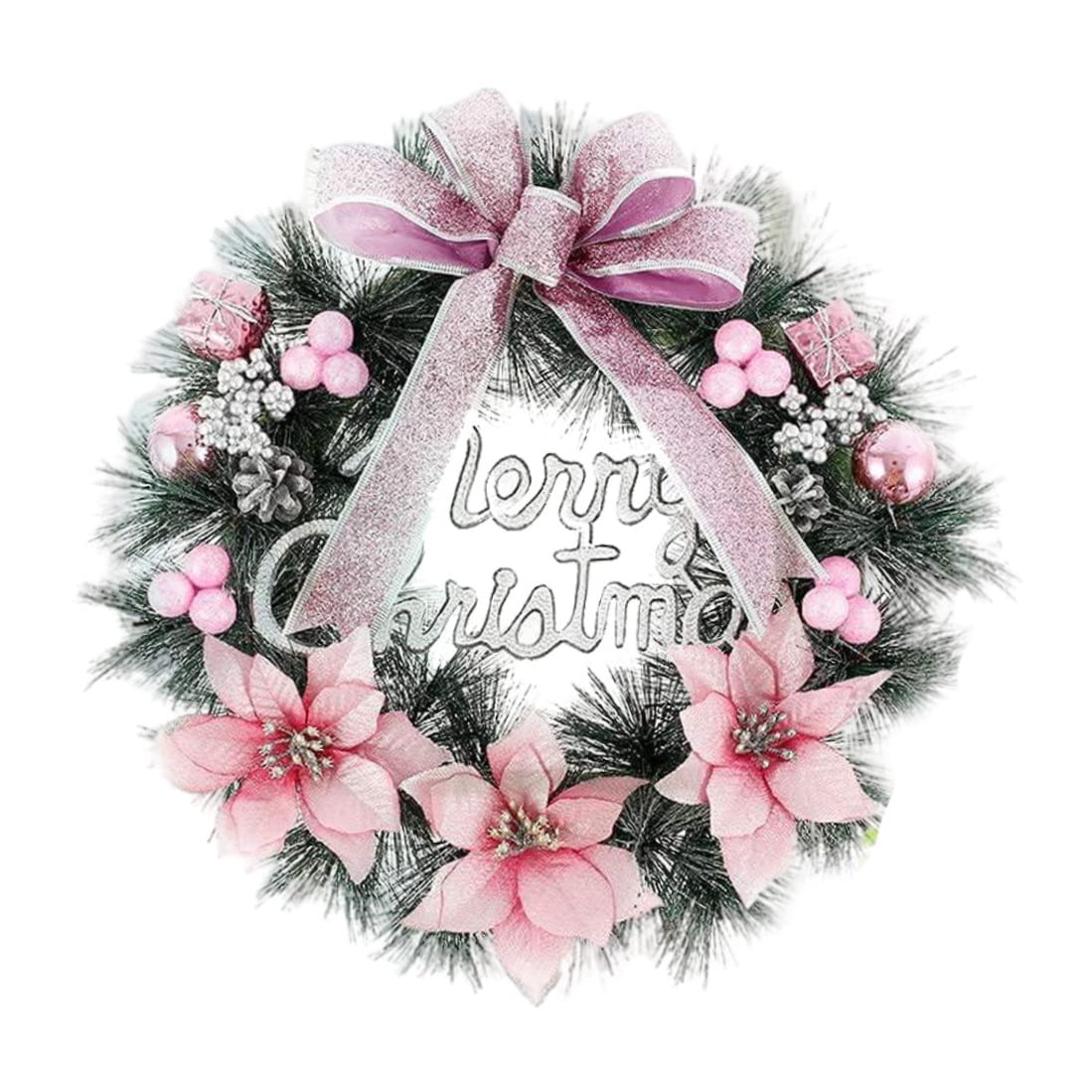Couronne de Noël avec nœud de fleurs et boules rose pour une déco durable