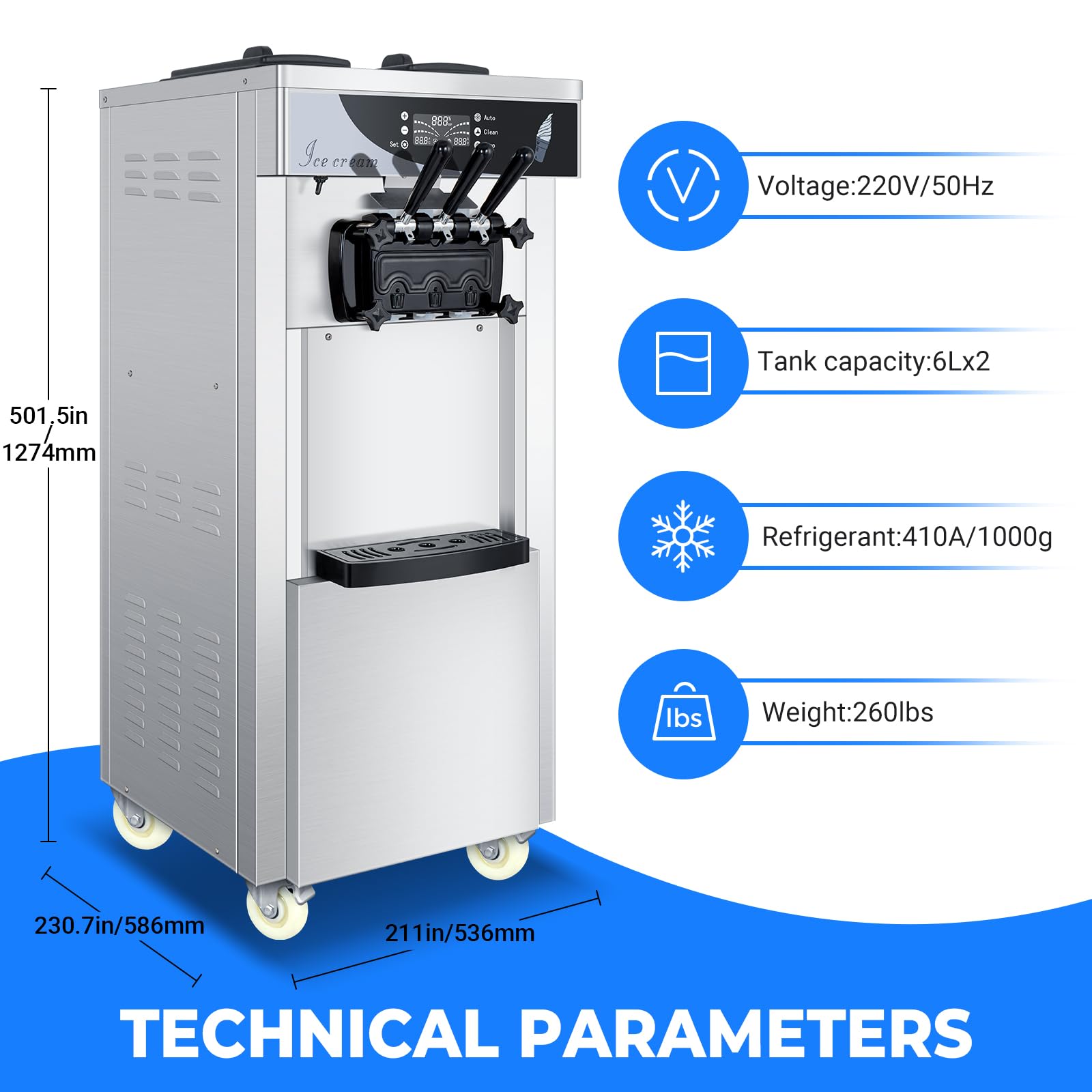 Gelatiera Professionale Soft Serve con compressore autorefrigerante, Preparazione in 15min, 1800W, autoportante, Acciaio Inox, 6L x 2