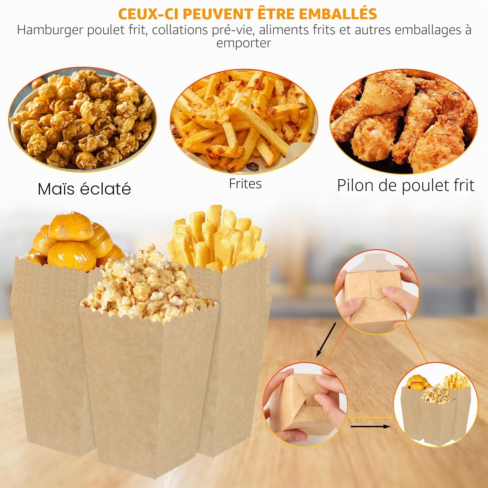 GOMETY Lot de 100 sacs à pop-corn en papier avec design ondulé, entrée ouverte, qualité alimentaire, marron, jetables, 9,9 x 6,3 x 13,6 cm, pour fêtes, pique-niques, soirées cinéma, cadeaux de mariage