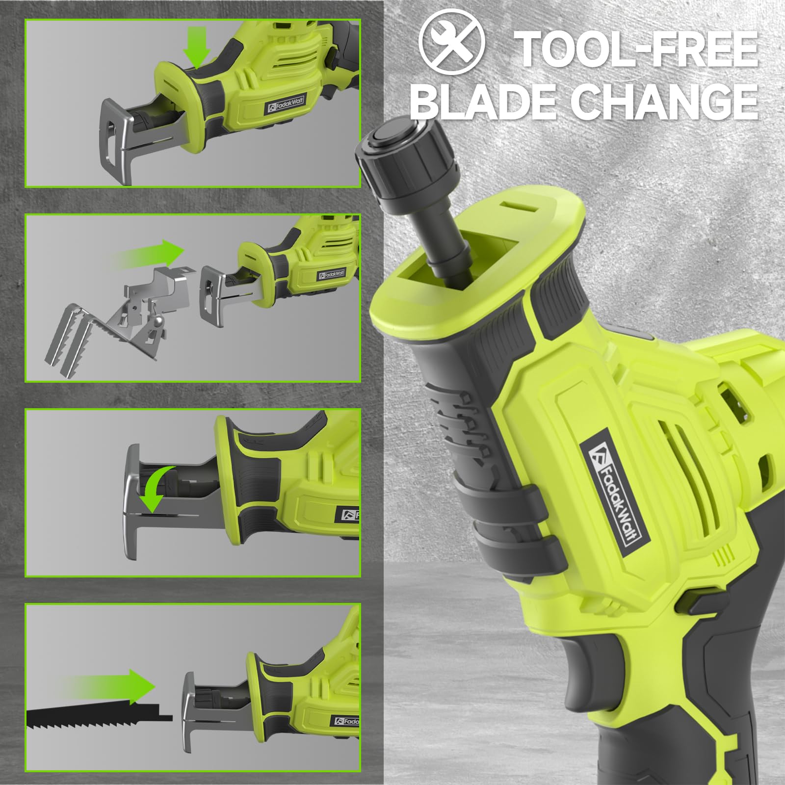 Scie Sabre Sans Fil,FADAKWALT 12V Scie Egoîne Electrique sans Fil Vitesse Variable 0-2700RPM,vert scie sabre sans fil avec batterie 2 * 2.0Ah&Chargeur,4 Lame Idéal pour Coupe de Bois,Branches,Métal