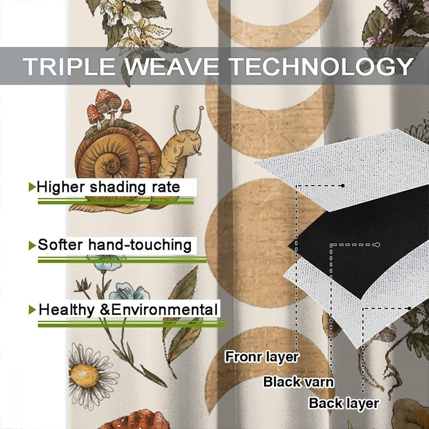 Vintage Moon Phase Curtains, Retro Witchy Hands Magic Wildflower Floral Butterfly Mushroom Plant Insect Print Blackout Window Treatments for Bedroom Living Room 52x84in