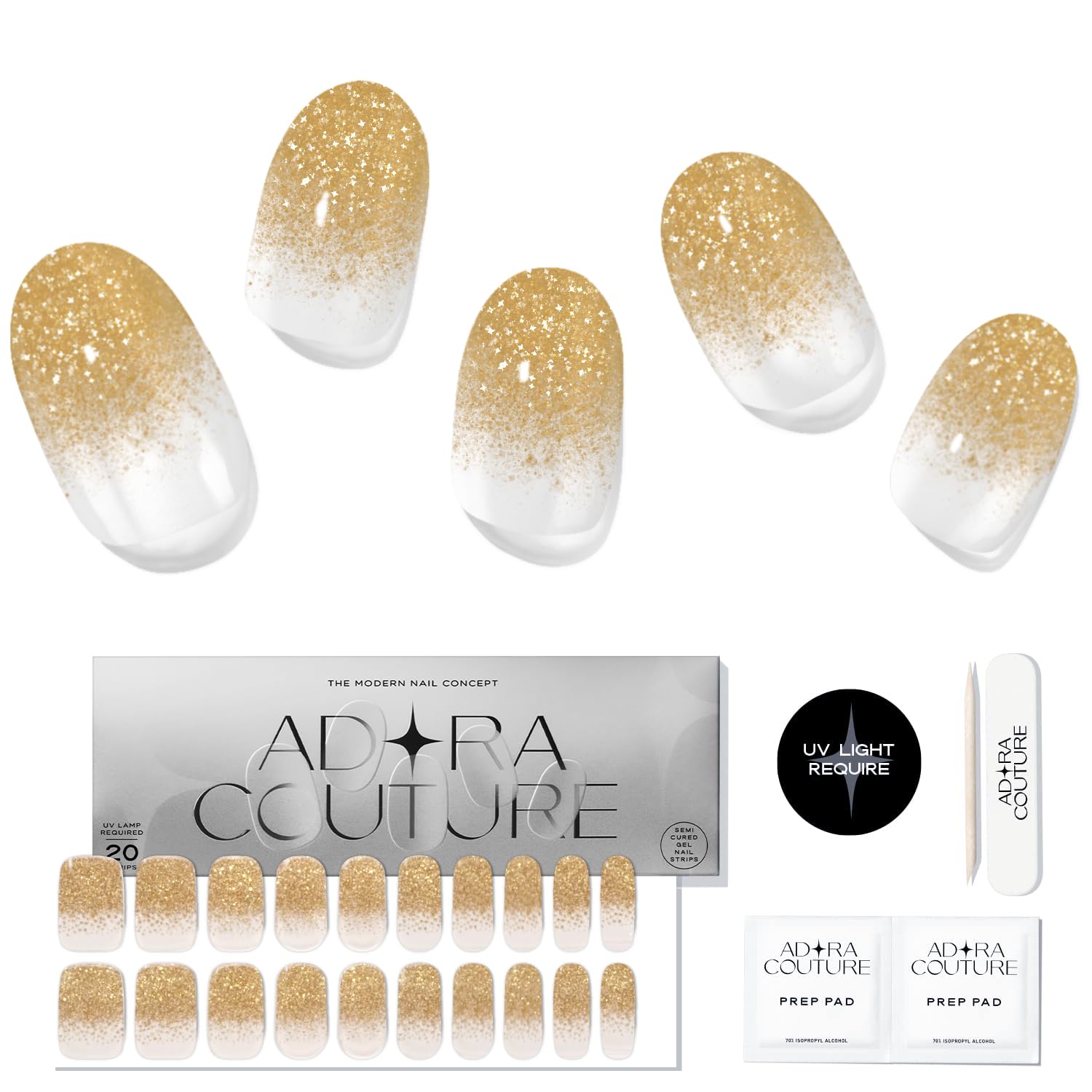 ADORA COUTURE Semi Cured Strips Kit - 20pcs Stickers with Light Required - Holiday Gold Glitter Wraps - Stickers for Manicure with Light Required (Golden Eclipse)