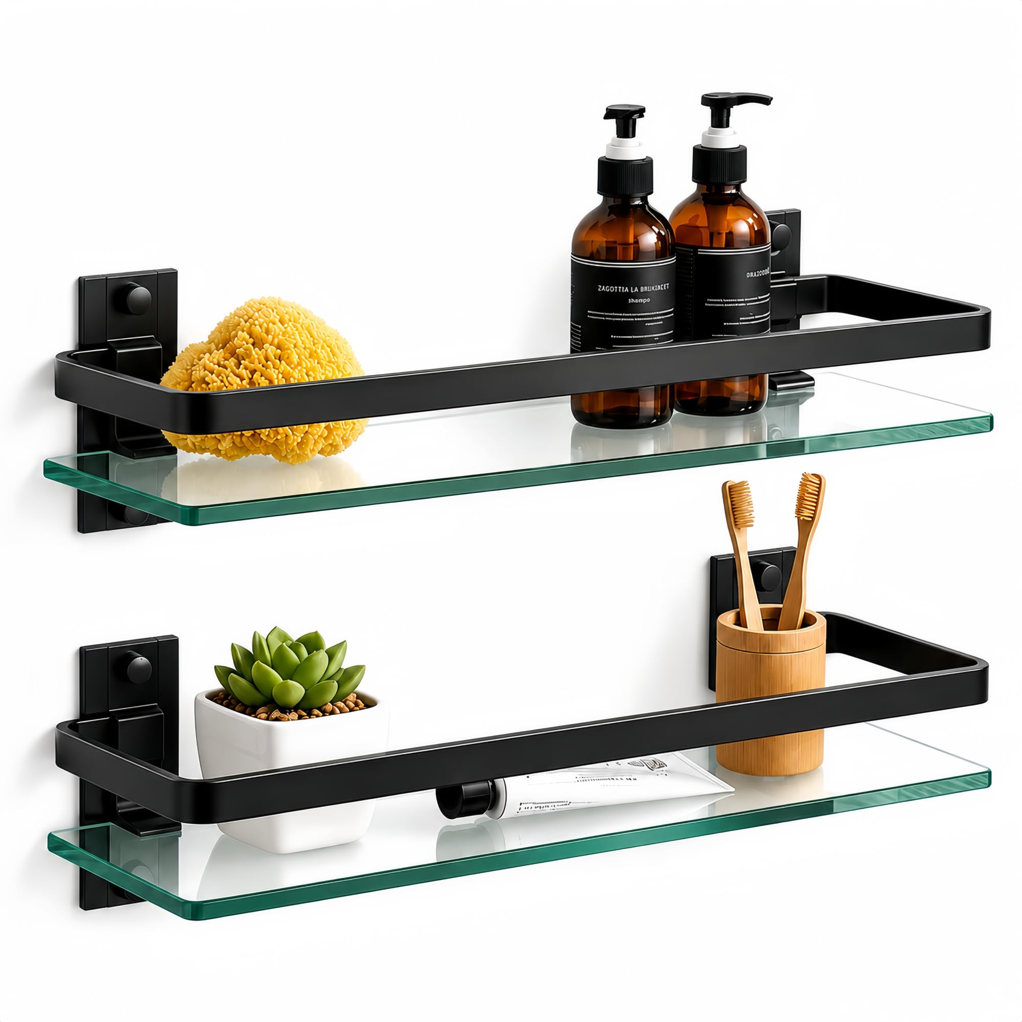 AIJALY Bathroom Glass Shelf 15.7 Inch Black Wall-Mounted