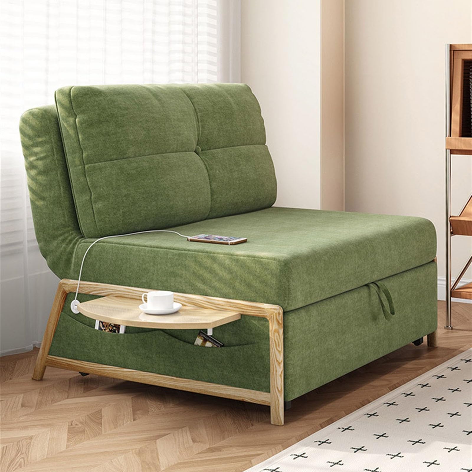 rozkładana sofa Składana sofa, rozkładana sofa z regulowanym oparciem i ukrytym stolikiem bocznym do salonu, małej przestrzeni Salon