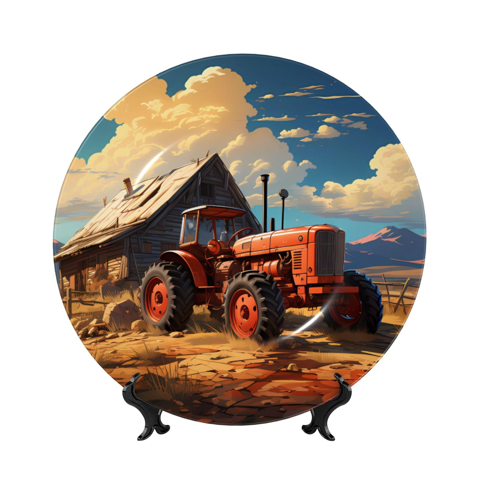 SXZVVBN Farm Red Tractor Bone China Decorative Plate Art with Stand Removable Adhesive Hanging for Home Office 8in（20cm）