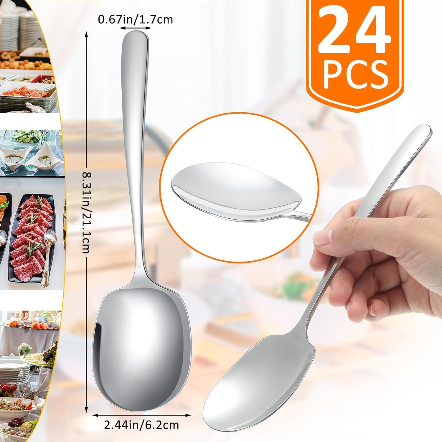 Uiifan 24 Pieces Serving Spoons Bulk 8.3 Inches Party Serving Spoons for Buffet Stainless Steel Spoon Banquet Utensils for Cooking Catering Food Kitchen, Silver, 8.3 x 2.4''