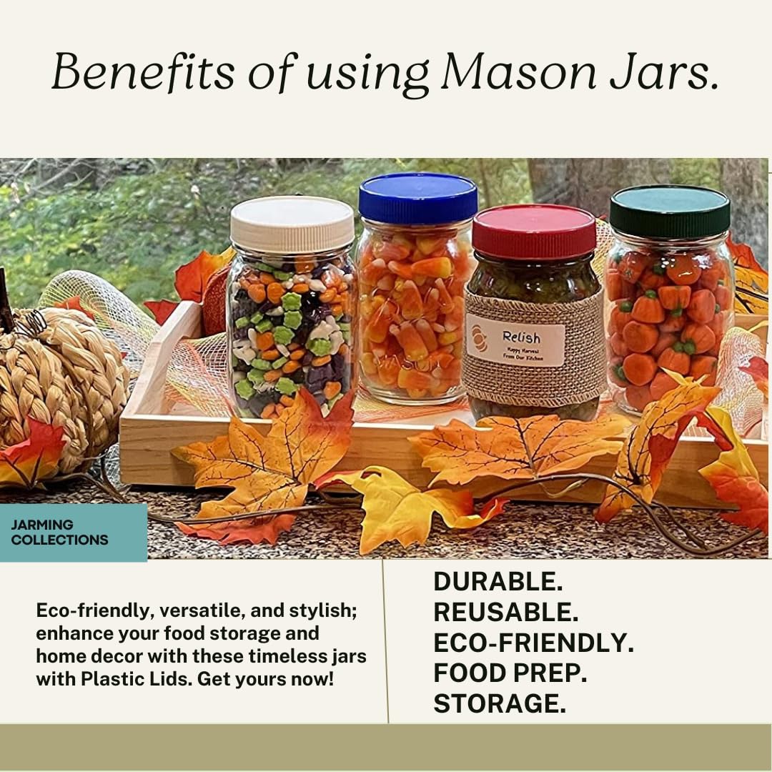 JARMING COLLECTIONS Mason Jars 16 Oz Glass With Lids (BPA Free) Pint Mason Jars with Plastic Lids 16 oz – Perfect for Overnight Oats Storing Liquids, Sauces and more (Set of Two Black)