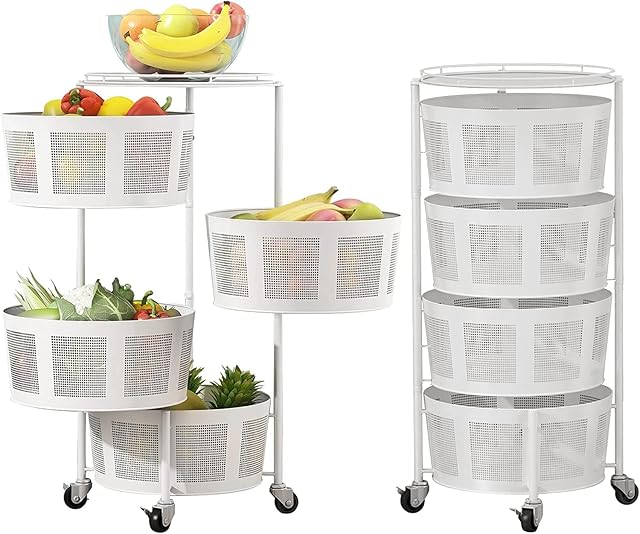 Pumpumly Rotating Kitchen Storage Shelf Rack 4 Tiers Round Metal Baskets for Fruit Vegetable Organizing for Kitchen,Bathroom,Living Room,White