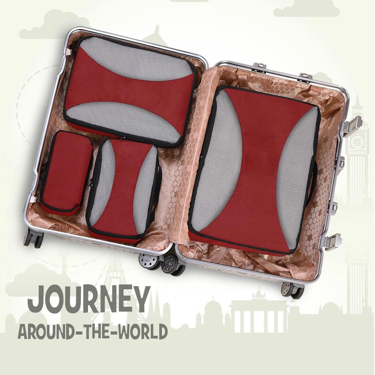 Maroon Solid Color Pure Plain Burgundy 4 Pcs set organizer for travel Mesh Travel Essentials expandable set compression packing cubes