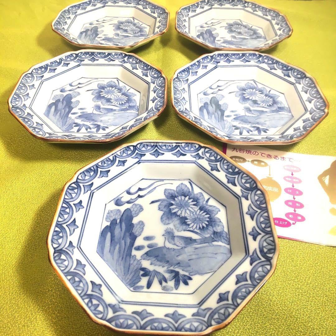 Kutani Grilled Ako Kiln Sometsuke Hand Painted Flower Birds Octagon Plate, Deep Plate, Meikan Plate, Medium Plate, 5 Pieces