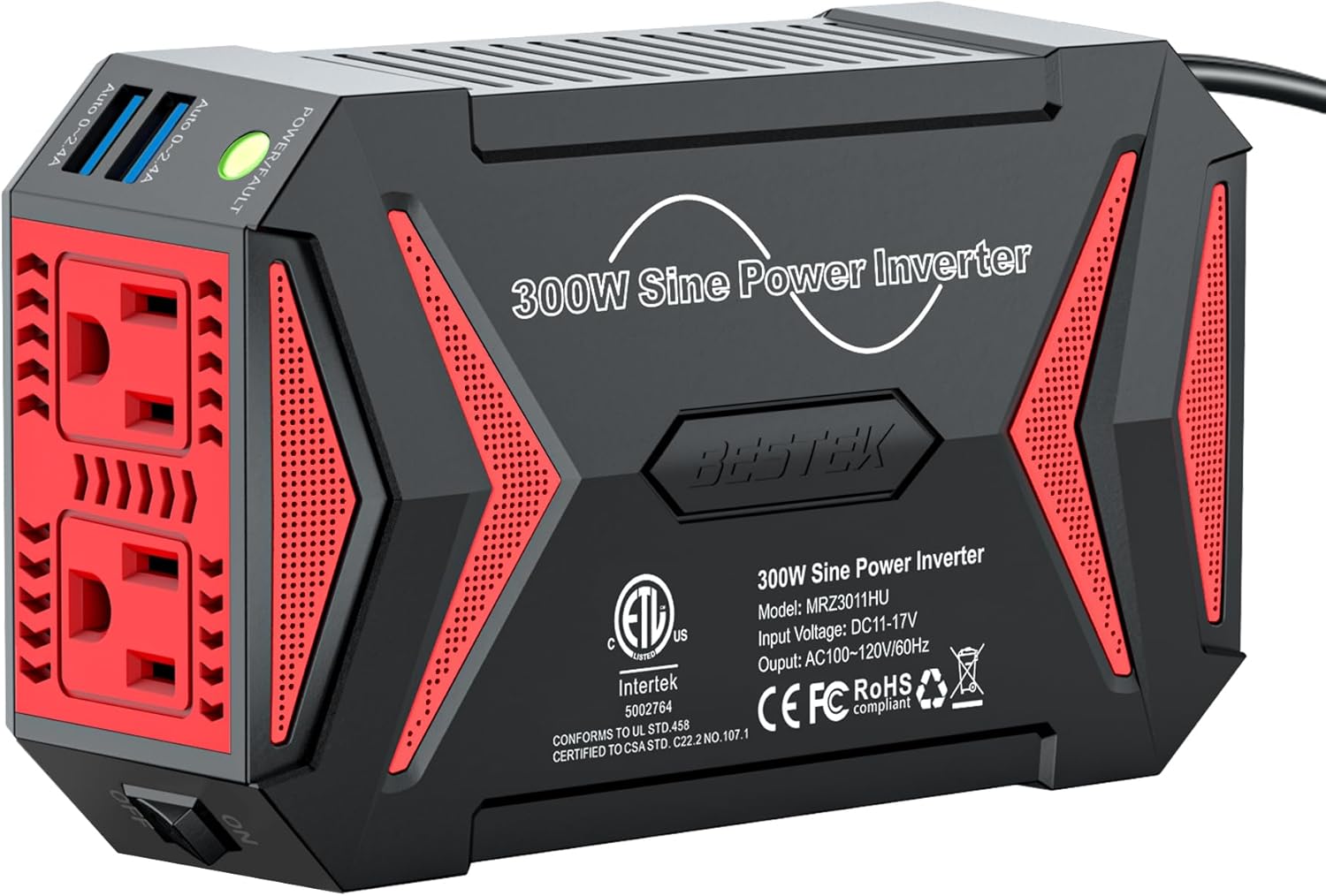 BESTEK 300W Pure Sine Wave Power Inverter for Car - DC 12V to 110V AC, Dual 4.8A USB Ports, Tesla Compatible for Laptops, Phones, CPAP Machines