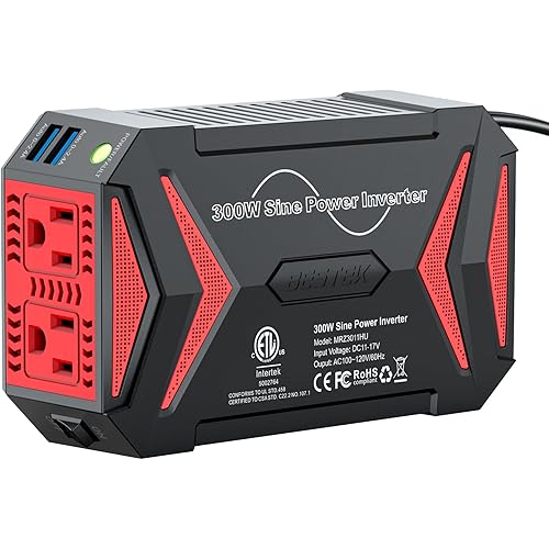 BESTEK Pure Sine Wave Power Inverter - 300W Car Plug in Charger Outlet DC 12V to 110V AC - Cigarette Lighter Adapter with 4.8A Dual USB Fast Charging Ports for Phone, Laptop, CPAP - Black