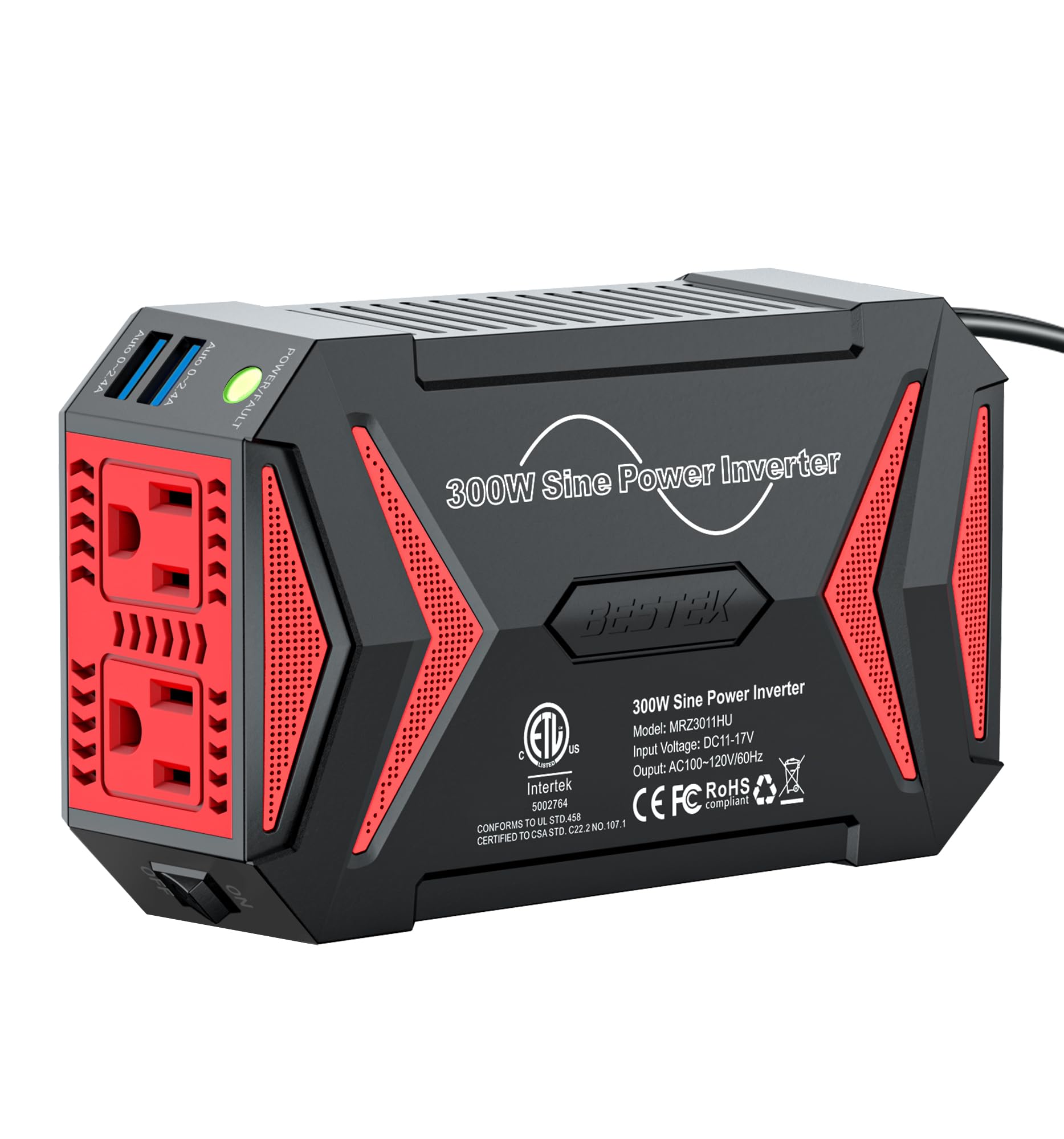 BESTEK Pure Sine Wave Power Inverter - 300W Car Plug in Charger Outlet DC 12V to 110V AC - Cigarette Lighter Adapter with 4.8A Dual USB Fast Charging Ports for Phone, Laptop, CPAP - Black