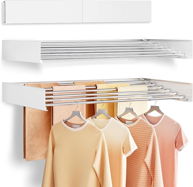 Wall Mounted Clothes Drying Rack Folding Indoor, Foldable Laundry Drying Rack Collapsible,Invisible, Space Saving, Retractable Towel Drying Rack (6 Drying Rods, White 40")