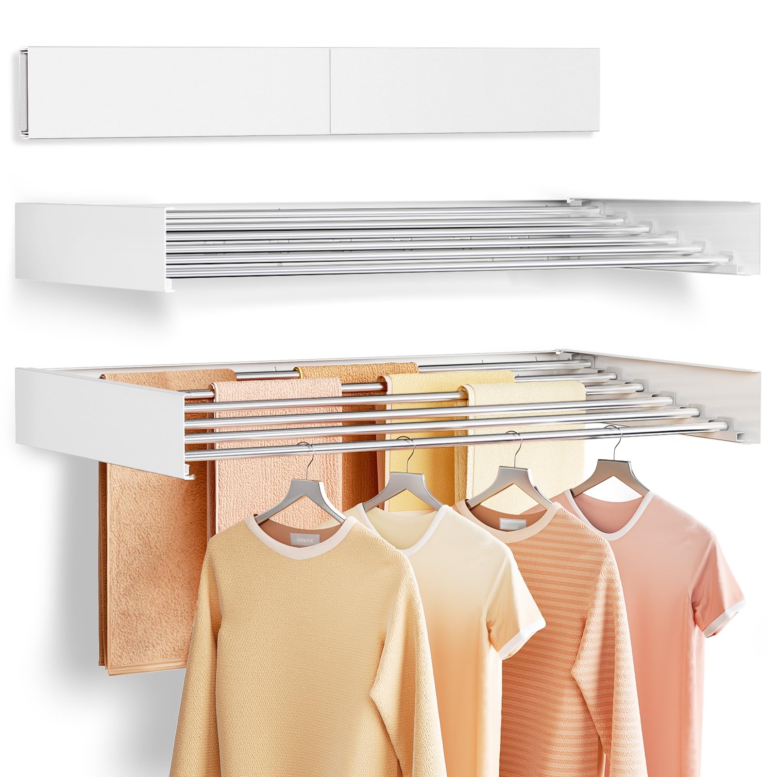 Wall Mounted Clothes Drying Rack Folding Indoor, Foldable Laundry Drying Rack Collapsible,Invisible, Space Saving, Retractable Towel Drying Rack, with Wall Template(6 Drying Rods, White 40")
