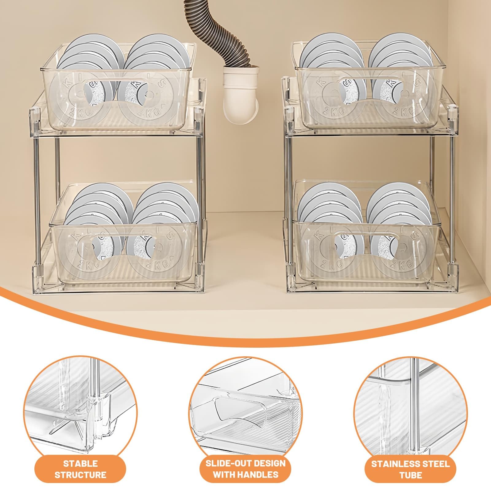 Clear Bathroom Organizers Stackable 2-Tier Kitchen Pull Out Under Sink Cabinet Storage Container Reusable Vanity Countertop Sliding Drawers Storage Unit for Pantry Skincare Spices (2 Pack) - Image 4