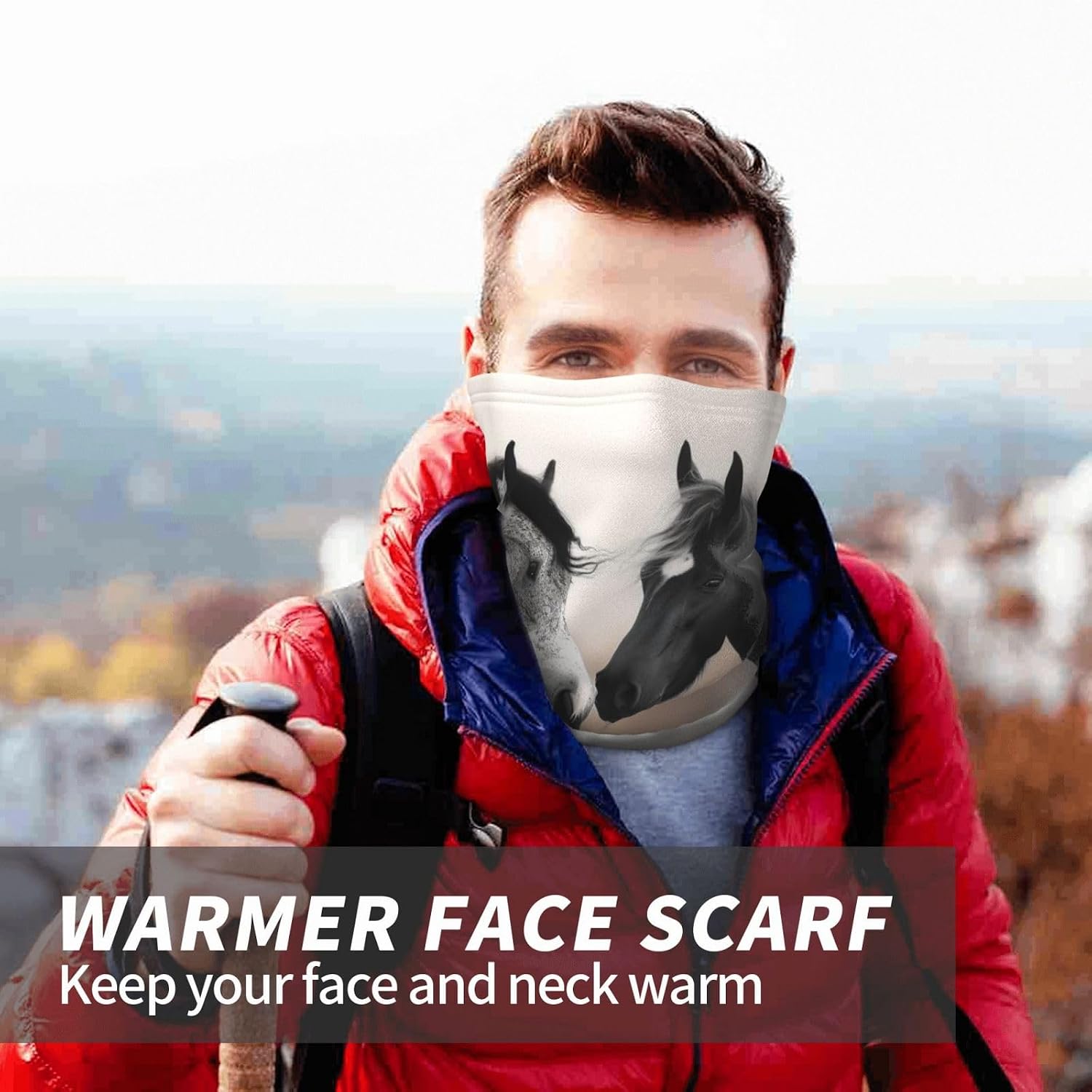 Winter Neck Warmer for Men Women, Black And White Horses Neck Gaiter UV Sun Protection Face Mask Windproof Cold Weather Face Cover Thermal Ski Mask Scarf for Outdoor Sports Bandana