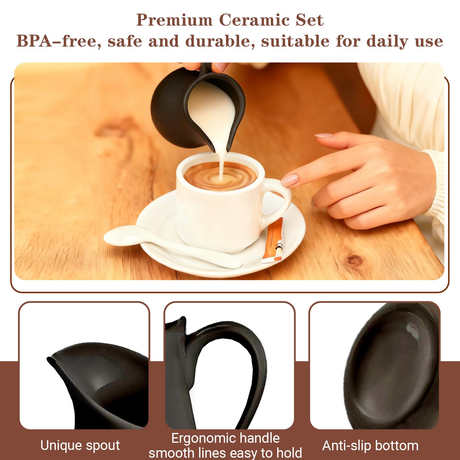 Juego de leche y azúcar con tapa y cuchara, jarra de leche negra de cerámica y azucarero, jarra de leche de cerámica con bandeja de madera, jarra de cerámica para nata y leche, apta para microondas y